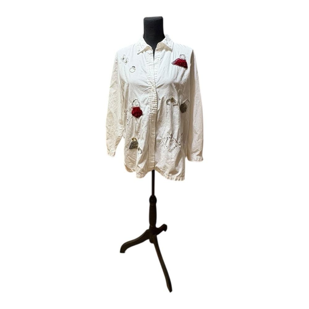 White button-down with various appliqués and embroidery size Sm